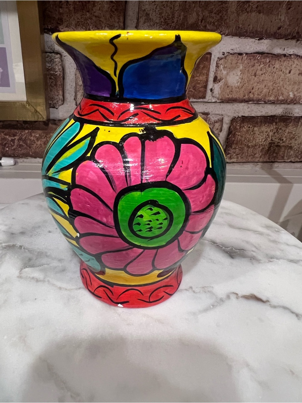 Hand-Painted Multicolor Floral Ceramic Vase - Bright Pink & Yellow